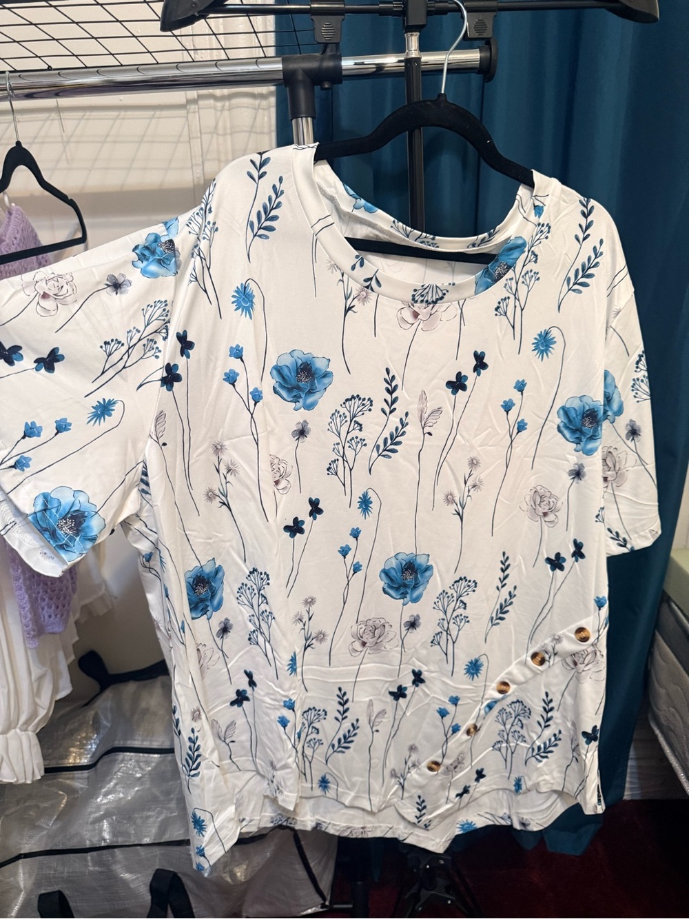 Blue Floral Short Sleeve Women's Top with Side Button Detail